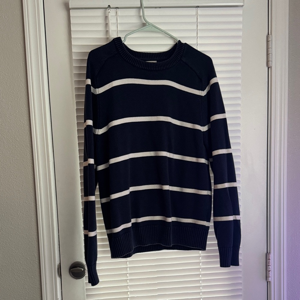 J. Crew Men's Navy and White Striped Crewneck Sweater